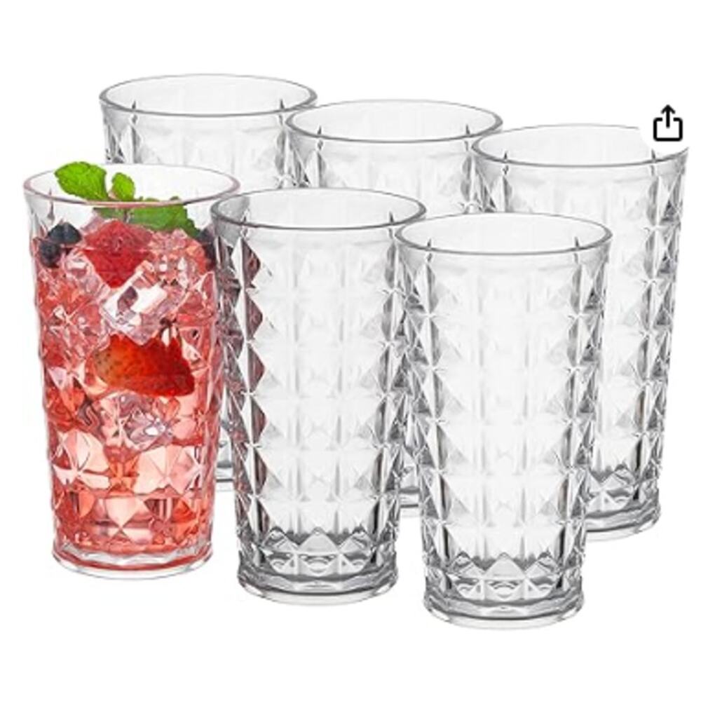 Set of 6 Acrylic Highball Drinking Glasses, Stackable, Dishwasher Safe, Clear